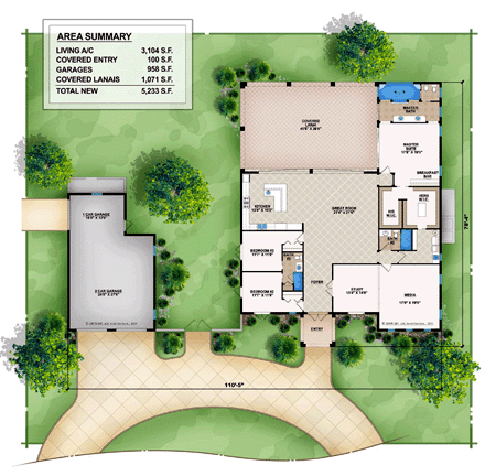 Mediterranean House Plan 78109 with 3 Beds, 3 Baths, 3 Car Garage First Level Plan