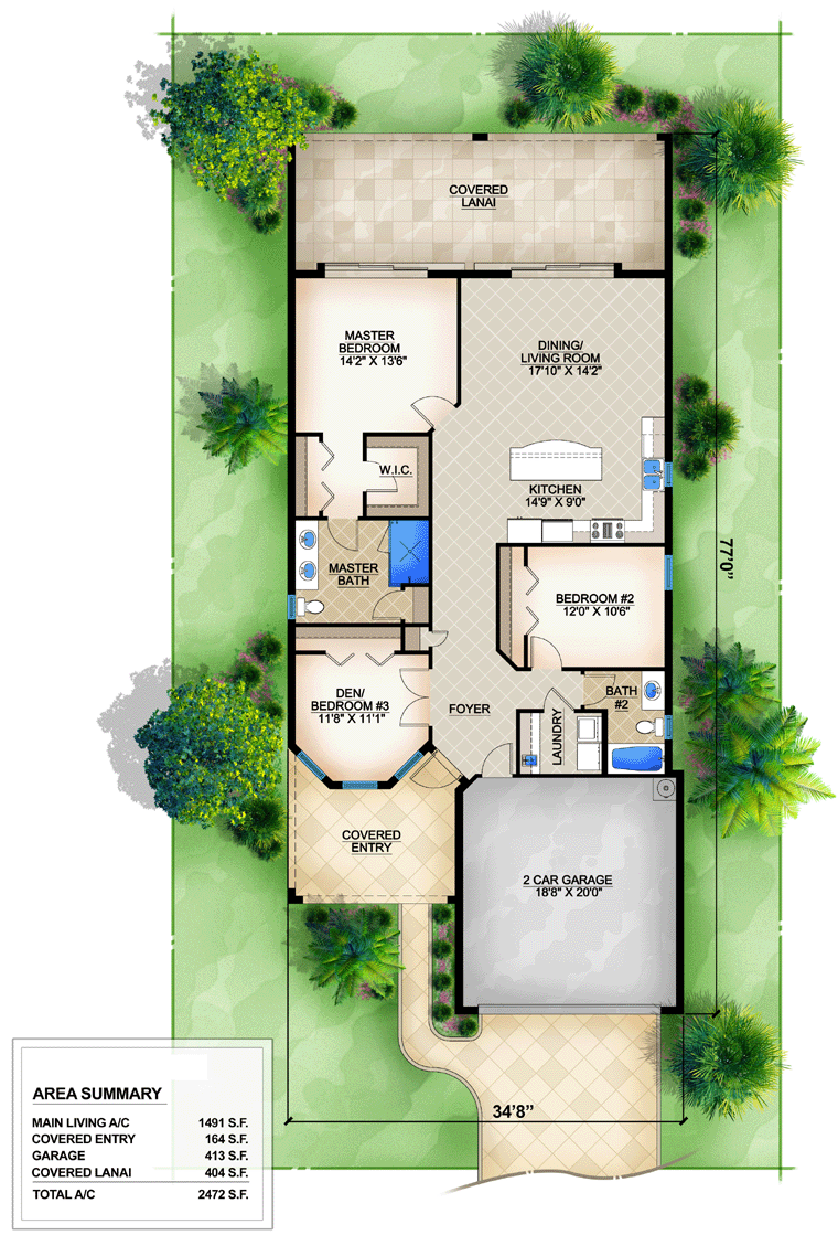 Mediterranean House Plan 78110 with 3 Beds, 2 Baths, 2 Car Garage Level One