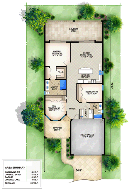 Mediterranean House Plan 78110 with 3 Beds, 2 Baths, 2 Car Garage First Level Plan