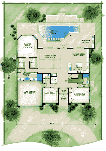 Florida, Mediterranean House Plan 78111 with 4 Beds, 4 Baths, 2 Car Garage First Level Plan