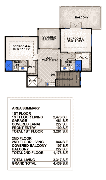 Florida, Mediterranean House Plan 78111 with 4 Beds, 4 Baths, 2 Car Garage Second Level Plan