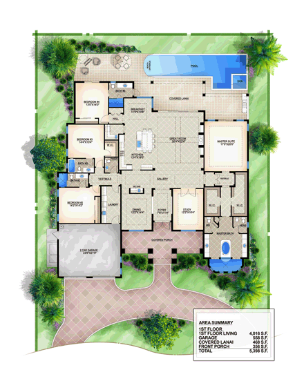 Mediterranean House Plan 78112 with 4 Beds, 5 Baths, 2 Car Garage First Level Plan