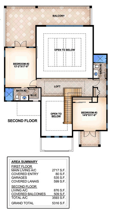 Mediterranean House Plan 78113 with 3 Beds, 4 Baths, 2 Car Garage Second Level Plan