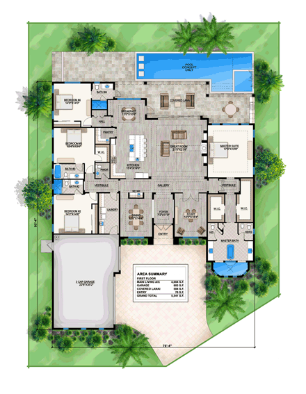 Coastal House Plan 78114 with 4 Beds, 5 Baths, 3 Car Garage First Level Plan