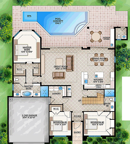 Florida, Mediterranean House Plan 78115 with 5 Beds, 5 Baths, 2 Car Garage First Level Plan
