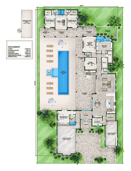Coastal, Contemporary House Plan 78116 with 4 Beds, 5 Baths, 3 Car Garage First Level Plan