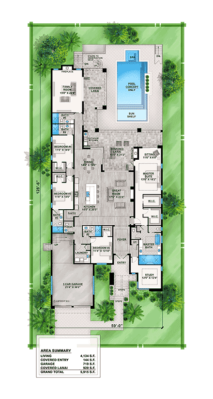 Florida, Modern House Plan 78119 with 4 Beds, 6 Baths, 3 Car Garage First Level Plan