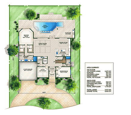 Coastal, Florida, Mediterranean House Plan 78121 with 4 Beds, 4 Baths, 2 Car Garage First Level Plan
