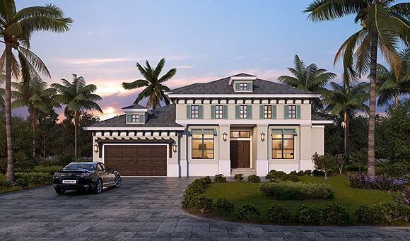 Coastal, Florida, Mediterranean House Plan 78121 with 4 Beds, 4 Baths, 2 Car Garage Elevation