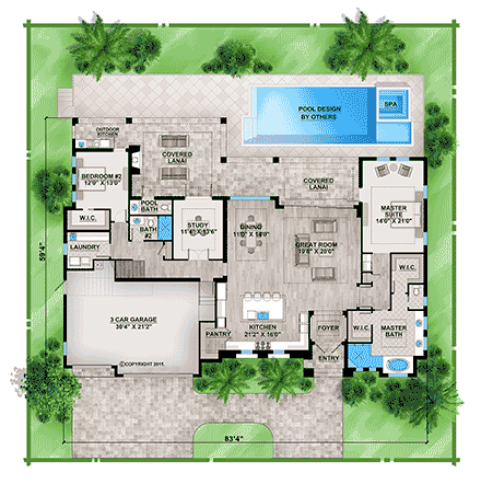 Coastal, Contemporary, Florida House Plan 78122 with 4 Beds, 5 Baths, 3 Car Garage First Level Plan
