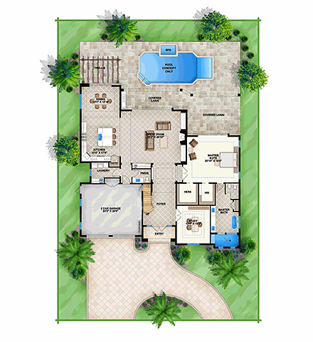 Coastal, Florida House Plan 78123 with 4 Beds, 4 Baths, 2 Car Garage First Level Plan