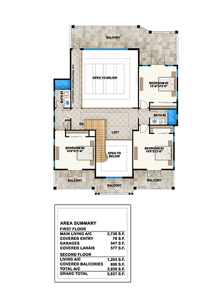 Coastal, Florida House Plan 78123 with 4 Beds, 4 Baths, 2 Car Garage Second Level Plan