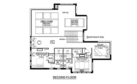 Florida, Modern House Plan 78124 with 3 Beds, 5 Baths, 3 Car Garage Second Level Plan