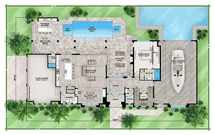 Coastal, Contemporary, Florida House Plan 78125 with 4 Beds, 6 Baths, 3 Car Garage First Level Plan