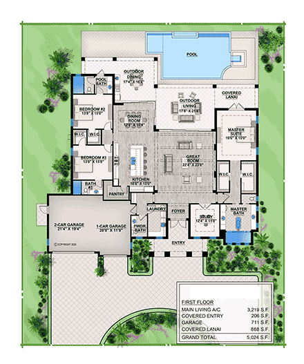 Coastal, Florida House Plan 78130 with 3 Beds, 4 Baths, 3 Car Garage First Level Plan