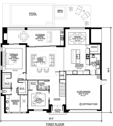 Modern House Plan 78133 with 3 Beds, 4 Baths, 2 Car Garage First Level Plan