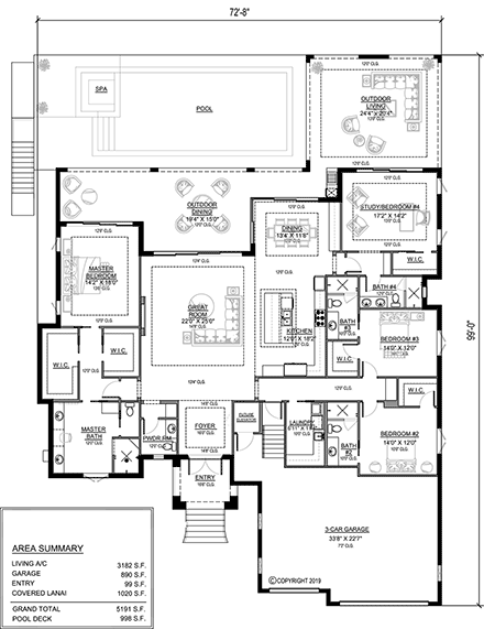 Coastal, Contemporary, Florida House Plan 78134 with 4 Beds, 5 Baths, 3 Car Garage First Level Plan