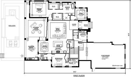 Modern House Plan 78140 with 4 Beds, 4 Baths, 3 Car Garage First Level Plan