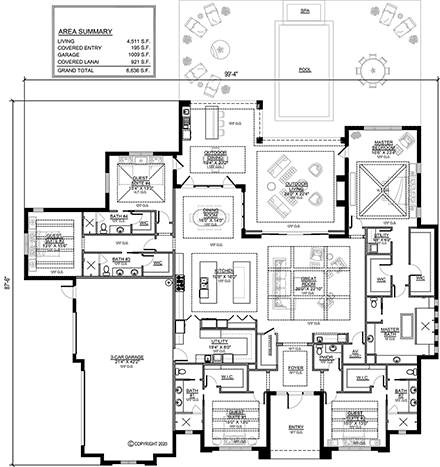 Florida, Modern House Plan 78143 with 5 Beds, 6 Baths, 3 Car Garage First Level Plan