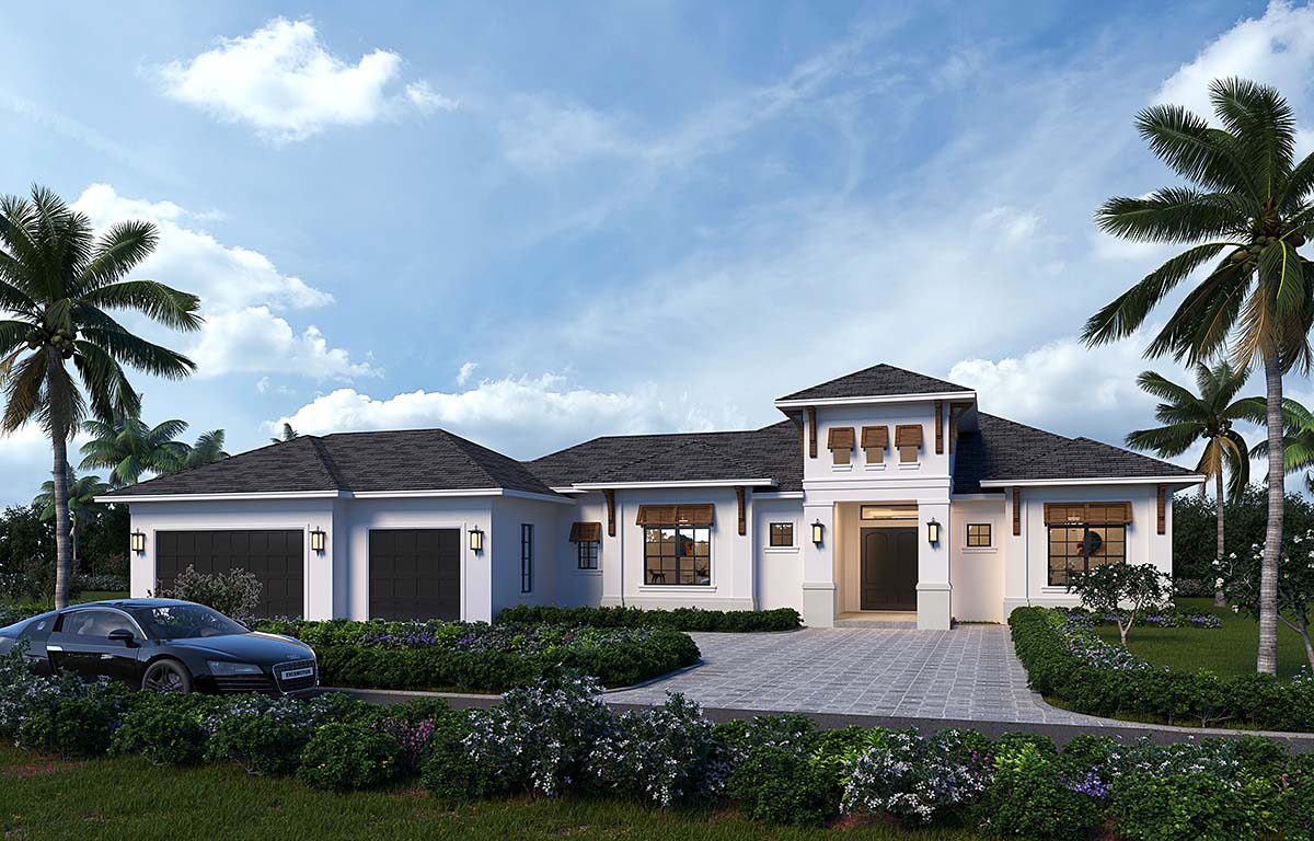 Coastal, Contemporary, Florida Plan with 2792 Sq. Ft., 3 Bedrooms, 3 Bathrooms, 3 Car Garage Elevation