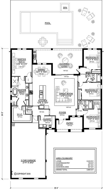 Florida, Traditional House Plan 78146 with 4 Beds, 3 Baths, 3 Car Garage First Level Plan
