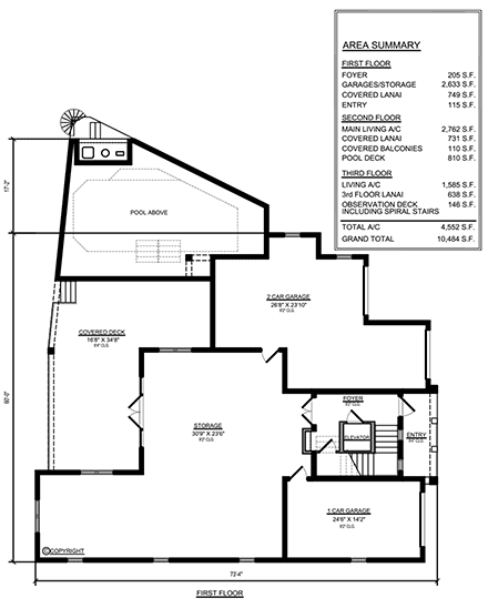 Contemporary, Florida House Plan 78153 with 3 Beds, 4 Baths, 3 Car Garage First Level Plan