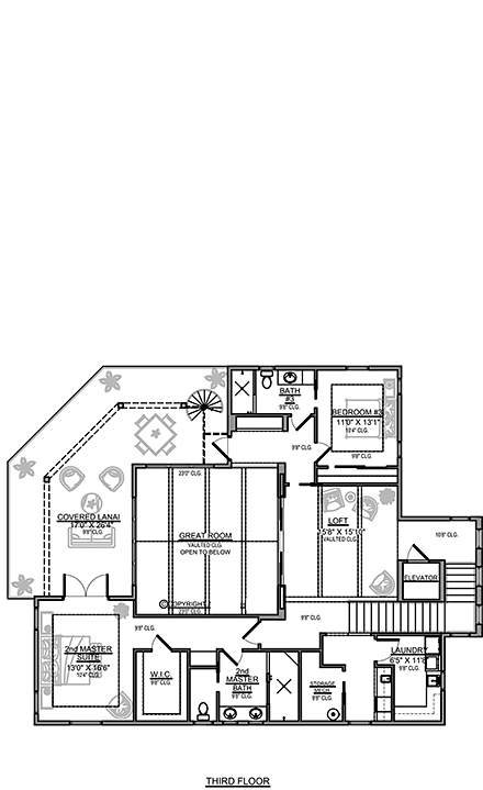 Contemporary, Florida House Plan 78153 with 3 Beds, 4 Baths, 3 Car Garage Third Level Plan