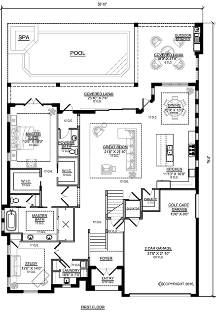 Coastal, Modern House Plan 78154 with 4 Beds, 5 Baths, 2 Car Garage First Level Plan