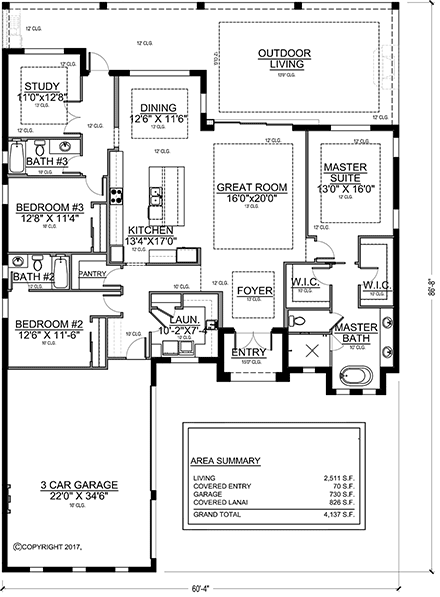 Florida, Modern House Plan 78178 with 3 Beds, 3 Baths, 3 Car Garage First Level Plan