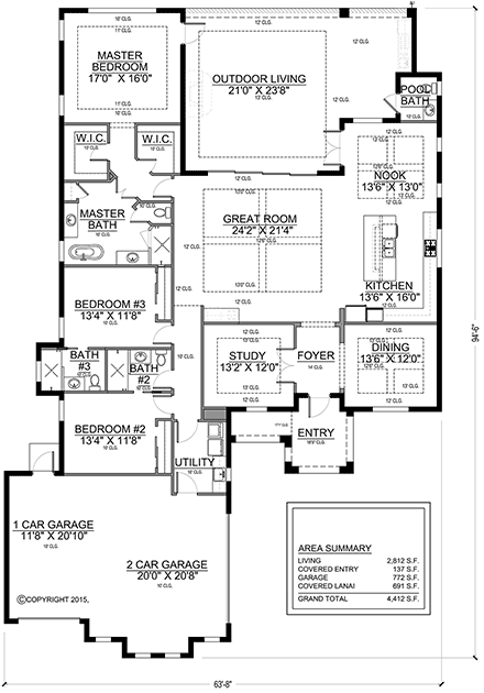 Florida, Modern House Plan 78179 with 3 Beds, 4 Baths, 3 Car Garage First Level Plan