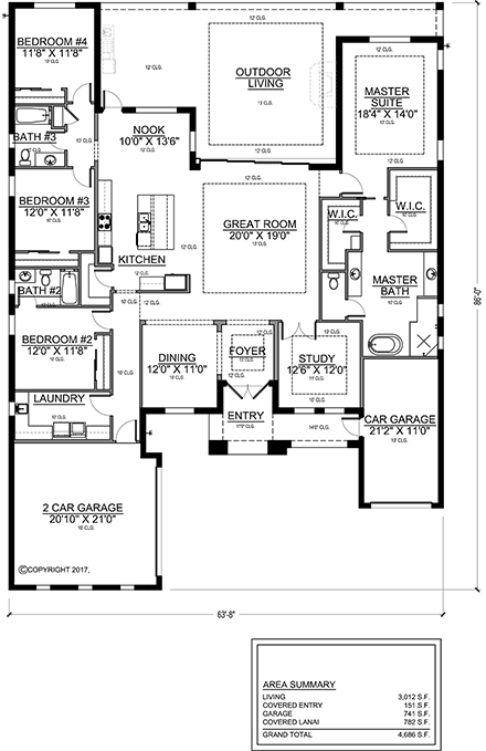 Florida, Modern House Plan 78180 with 4 Beds, 3 Baths, 3 Car Garage First Level Plan