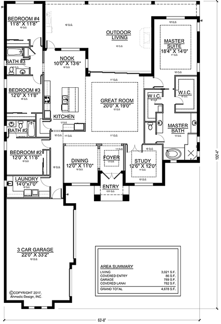 Florida, Modern House Plan 78181 with 4 Beds, 3 Baths, 3 Car Garage First Level Plan