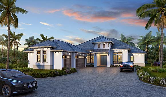 Florida, Modern House Plan 78181 with 4 Beds, 3 Baths, 3 Car Garage Elevation