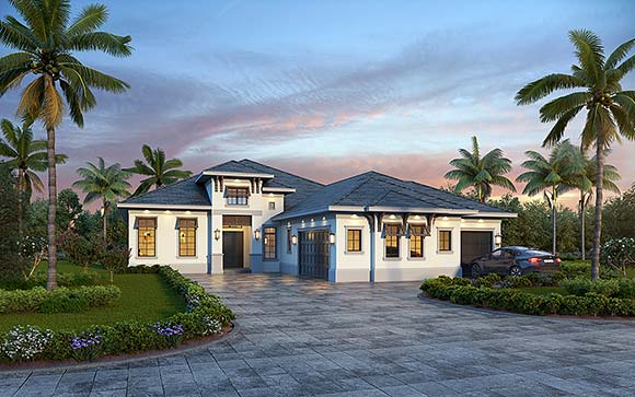 Coastal, Florida, Mediterranean House Plan 78182 with 4 Beds, 5 Baths, 3 Car Garage Elevation