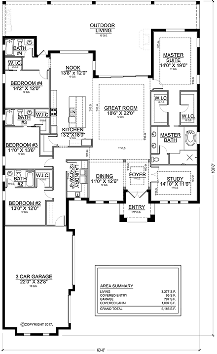 Coastal, Florida House Plan 78184 with 4 Beds, 4 Baths, 3 Car Garage First Level Plan
