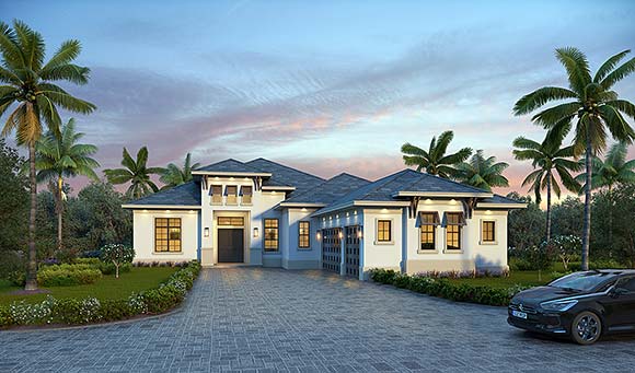 Coastal, Contemporary, Florida, Mediterranean House Plan 78185 with 4 Beds, 5 Baths, 3 Car Garage Elevation