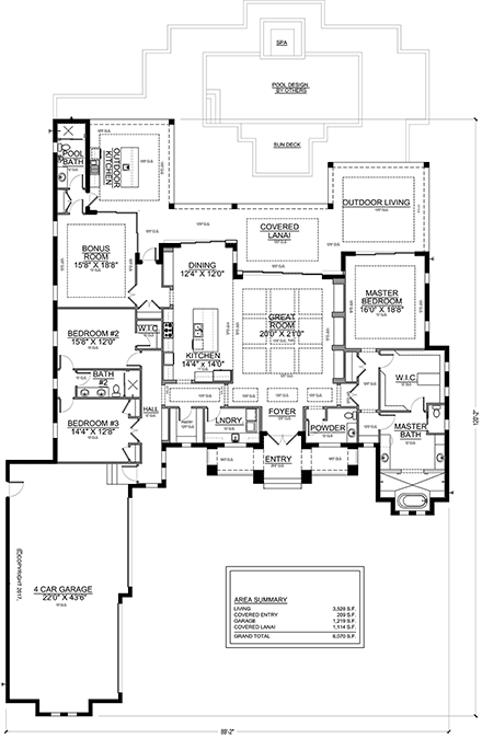 Coastal, Florida, Mediterranean House Plan 78188 with 3 Beds, 4 Baths, 4 Car Garage First Level Plan
