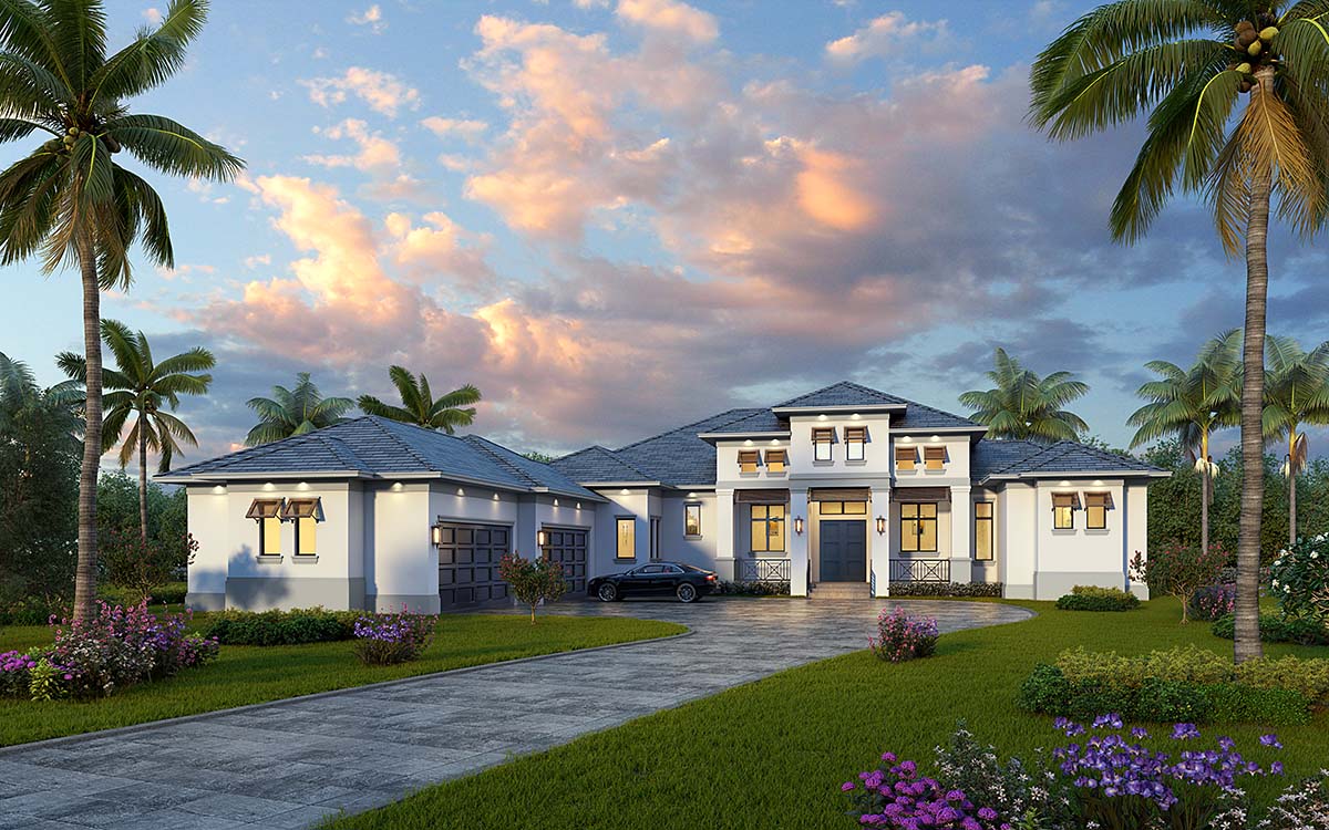 Coastal, Florida, Mediterranean House Plan 78188 with 3 Beds, 4 Baths, 4 Car Garage Elevation