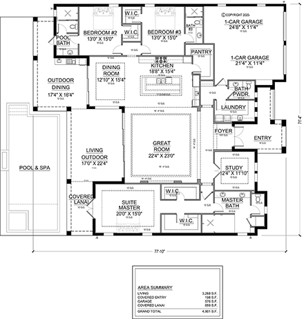 Modern House Plan 78199 with 3 Beds, 4 Baths, 2 Car Garage First Level Plan