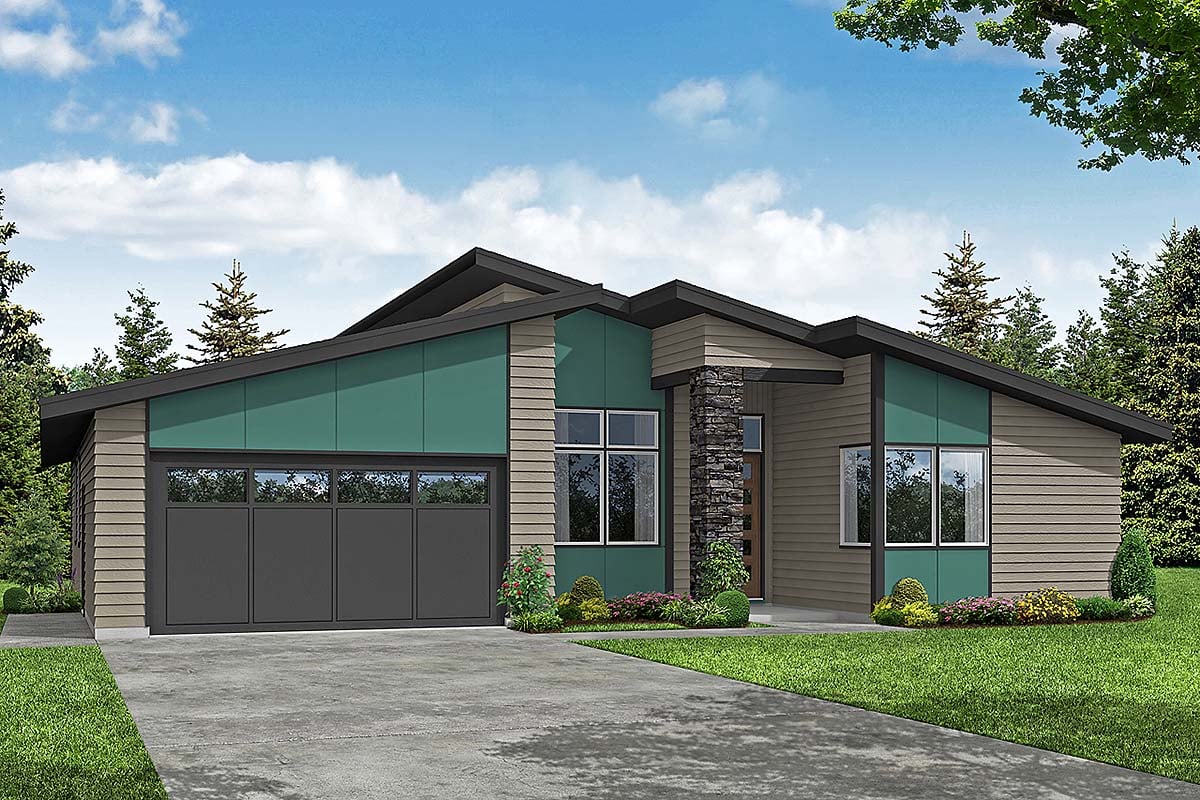 Contemporary, Prairie Style, Ranch Plan with 2112 Sq. Ft., 3 Bedrooms, 2 Bathrooms, 2 Car Garage Elevation
