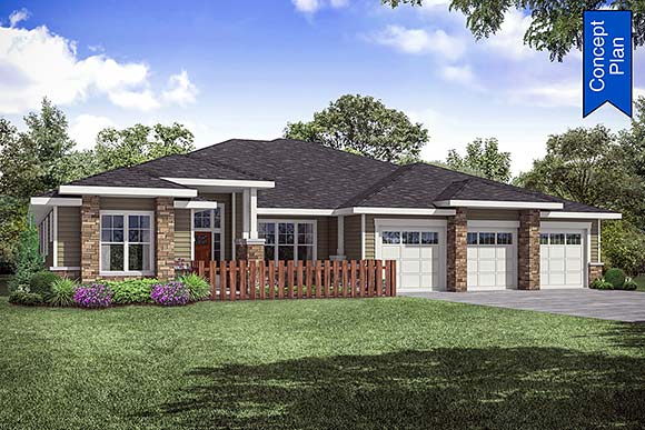 Prairie, Traditional House Plan 78421 with 3 Beds, 4 Baths, 3 Car Garage Elevation
