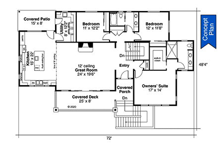 Contemporary, Craftsman, Prairie House Plan 78424 with 3 Beds, 2 Baths, 2 Car Garage First Level Plan