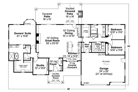 Contemporary, Craftsman, Ranch House Plan 78437 with 3 Beds, 3 Baths, 3 Car Garage First Level Plan