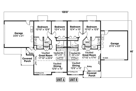 Country, Craftsman, Ranch Multi-Family Plan 78468 with 4 Beds, 4 Baths, 4 Car Garage First Level Plan