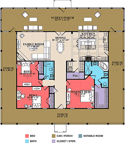 Coastal House Plan 78519 with 3 Beds, 2 Baths First Level Plan
