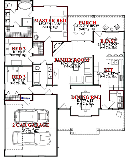 Colonial, Traditional House Plan 78638 with 3 Beds, 2 Baths, 2 Car Garage First Level Plan