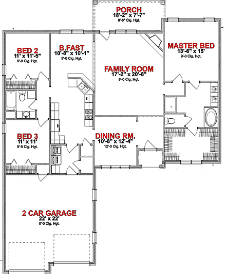 European House Plan 78644 with 3 Beds, 2 Baths, 2 Car Garage First Level Plan