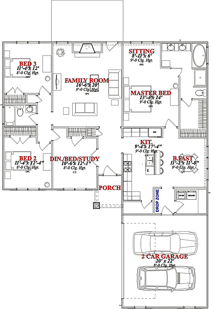 Traditional House Plan 78646 with 3 Beds, 2 Baths, 2 Car Garage First Level Plan