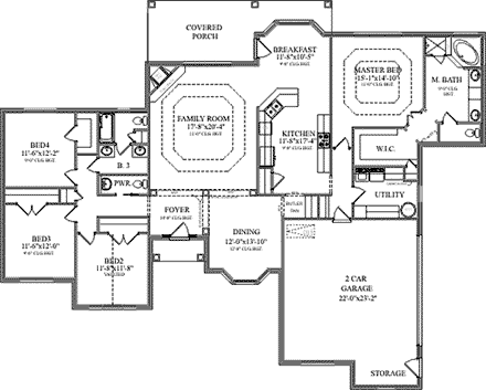 Traditional House Plan 78702 with 4 Beds, 3 Baths, 2 Car Garage First Level Plan