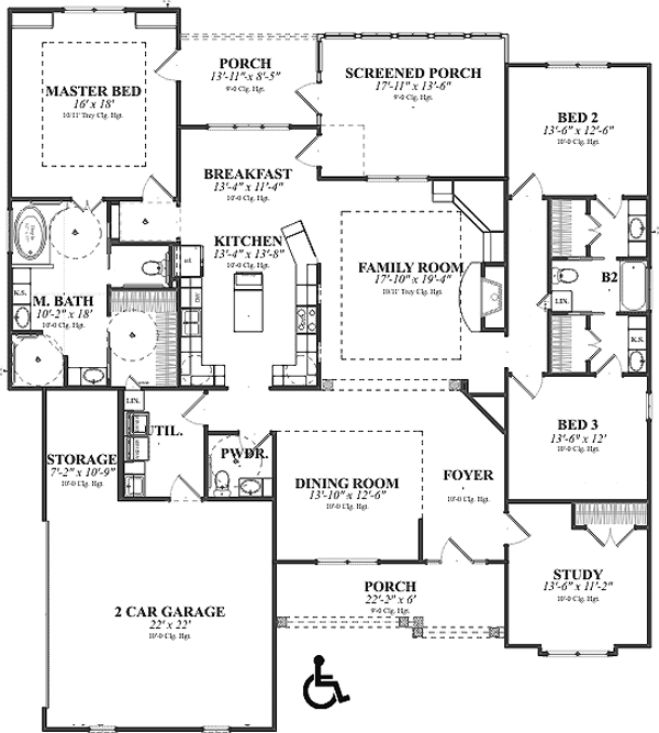 Traditional House Plan 78706 with 4 Beds, 3 Baths, 2 Car Garage Level One Traditional House Plan 78706 with 4 Beds, 3 Baths, 2 Car Garage Level One